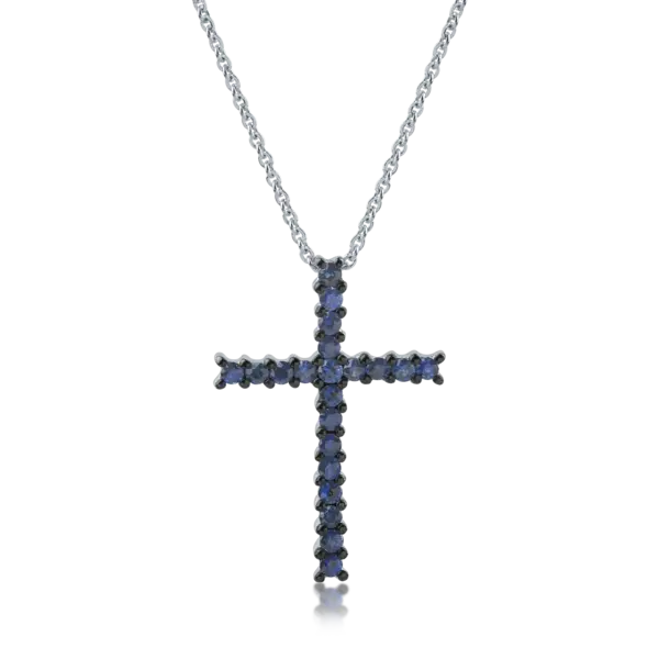 Lant cu pandantiv cruce din aur alb cu safire de 0.5ct