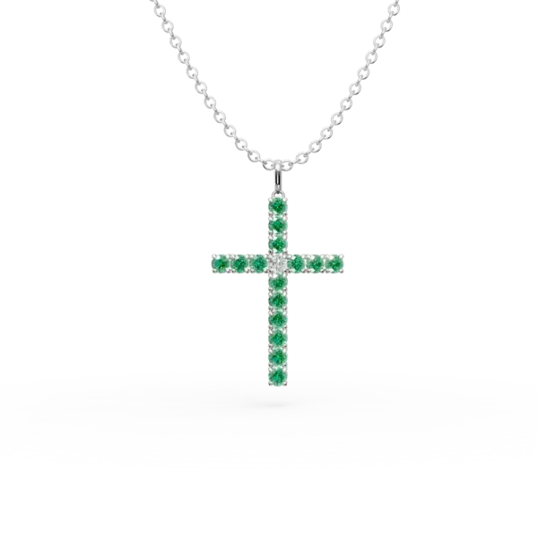 Lant cu pandantiv cruce din aur alb cu smaralde de 1.1ct si diamant de 0.07ct