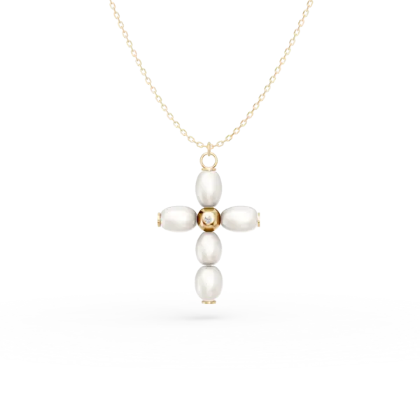 Lant cu pandantiv cruce din aur galben cu diamant de 0.005ct si perle de cultura