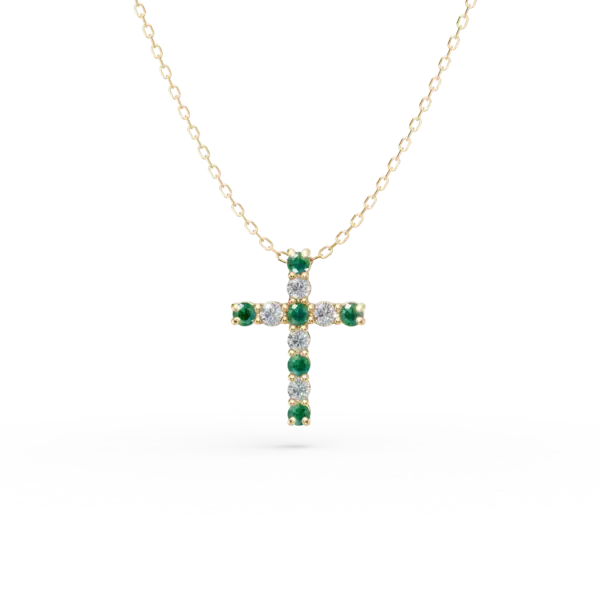 Lant cu pandantiv cruce din aur galben cu diamante de 0.1ct si smaralde de 0.1ct