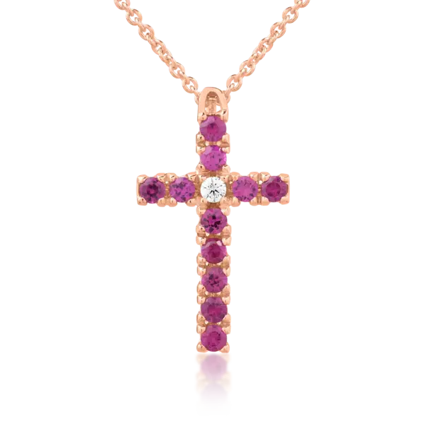 Lant cu pandantiv cruce din aur roz cu diamant de 0.03ct si rubine de 0.4ct