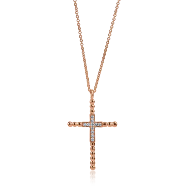 Lant cu pandantiv cruce din aur roz cu diamante de 0.1ct