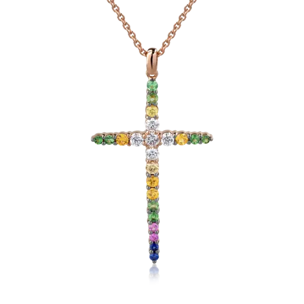 Lant cu pandantiv cruce din aur roz cu diamante de 0.35ct si safire multicolore de 0.72ct