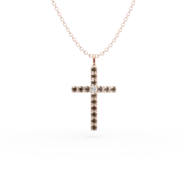 Lant cu pandantiv cruce din aur roz cu diamante de 1.2ct