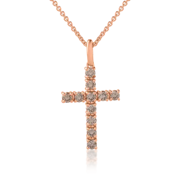 Lant cu pandantiv cruce din aur roz cu diamante maro de 0.5ct