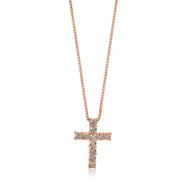 Lant cu pandantiv cruce din aur roz cu diamante maro de 0.63ct