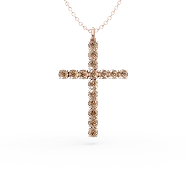 Lant cu pandantiv cruce din aur roz cu diamante maro de 1.1ct