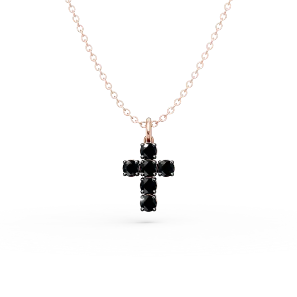 Lant cu pandantiv cruce din aur roz cu diamante negre de 0.6ct