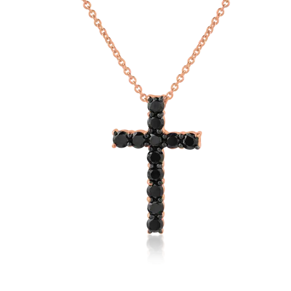 Lant cu pandantiv cruce din aur roz cu diamante negre de 1.6ct