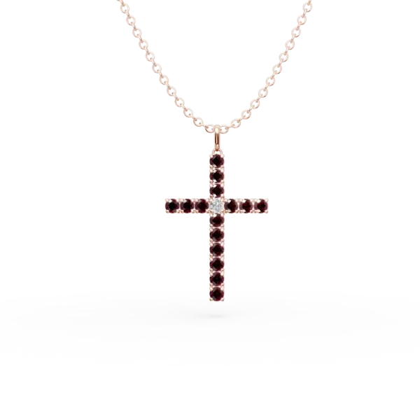 Lant cu pandantiv cruce din aur roz cu rubine de 1.4ct si diamant de 0.07ct