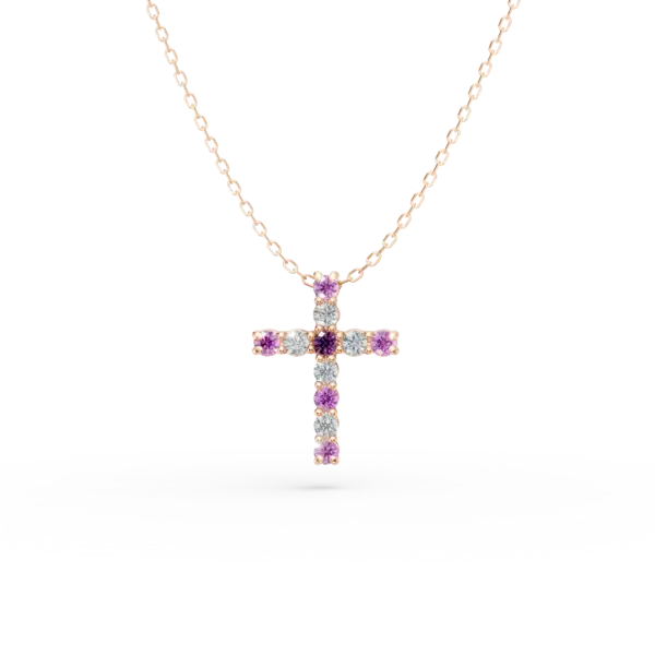 Lant cu pandantiv cruce din aur roz cu safire roz de 0.2ct si diamante de 0.1ct