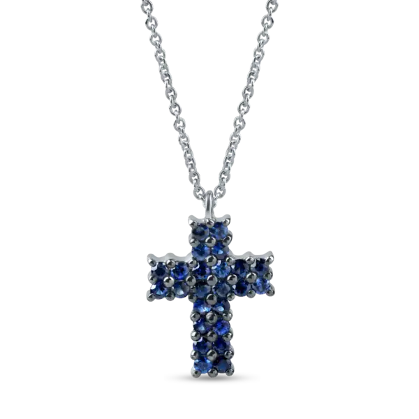 Lant cu pandantiv cruciulita din aur alb cu safire de 0.9ct