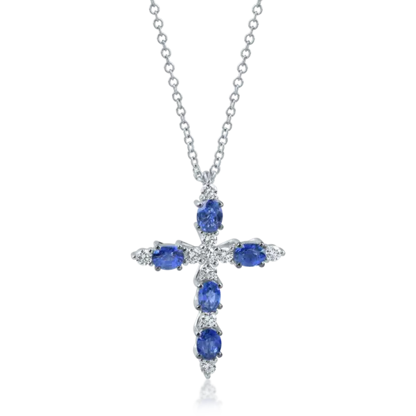 Lant cu pandantiv cruciulita din aur alb cu safire ovale de 1.1ct si diamante de 0.2ct