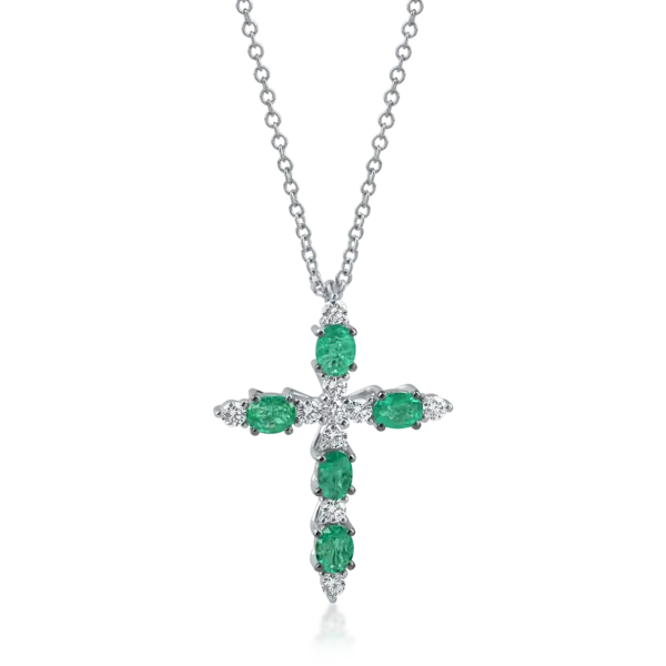 Lant cu pandantiv cruciulita din aur alb cu smaralde ovale de 0.8ct si diamante de 0.2ct