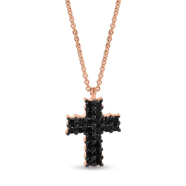 Lant cu pandantiv cruciulita din aur roz cu diamante negre de 0.7ct