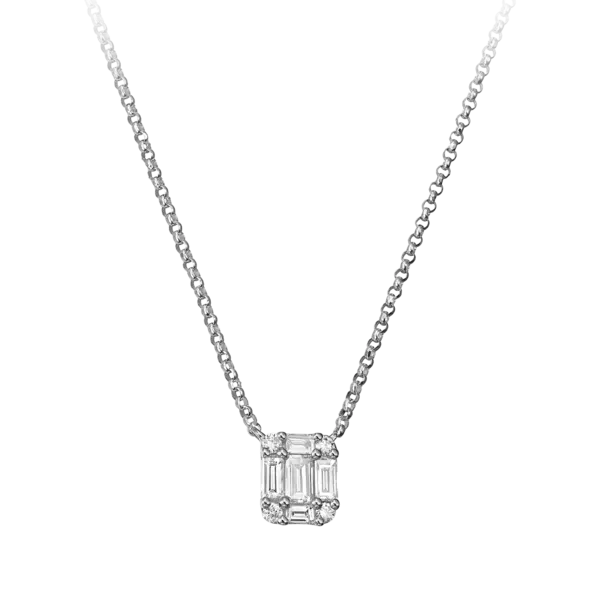 Lant cu pandantiv din aur alb cu diamante baguette si rotunde de 0.28ct