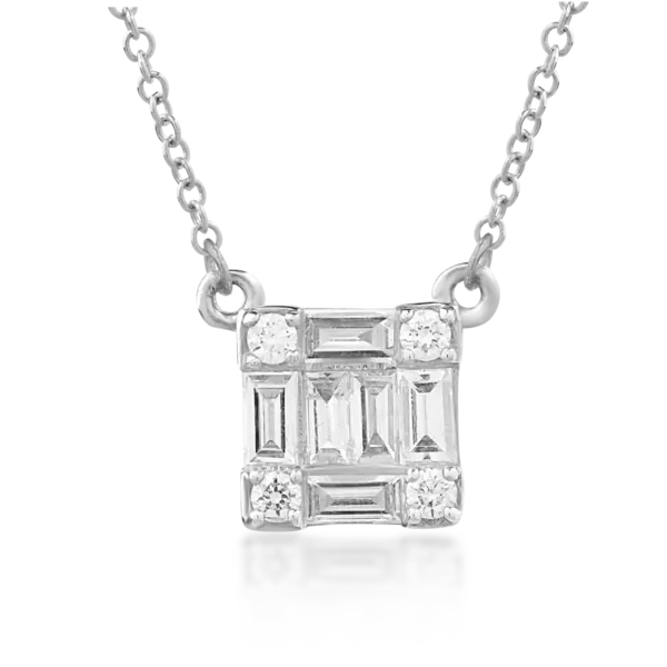 Lant cu pandantiv din aur alb cu diamante baguette si rotunde de 0.291ct