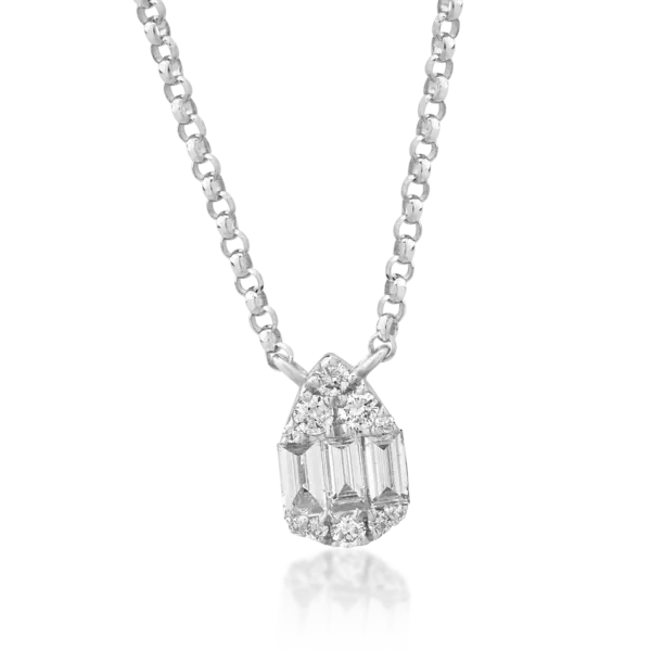 Lant cu pandantiv din aur alb cu diamante baguette si rotunde de 0.18ct