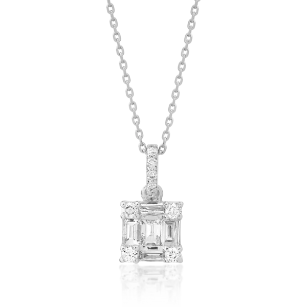 Lant cu pandantiv din aur alb cu diamante baguette si rotunde de 0.15ct