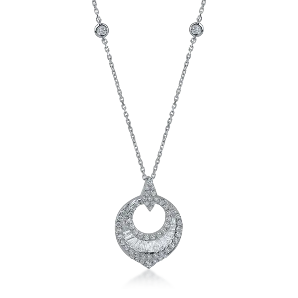 Lant cu pandantiv din aur alb cu diamante baguette si rotunde de 0.74ct