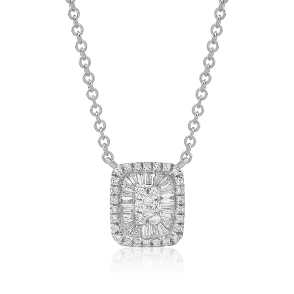 Lant cu pandantiv din aur alb cu diamante baguette si rotunde de 0.21ct