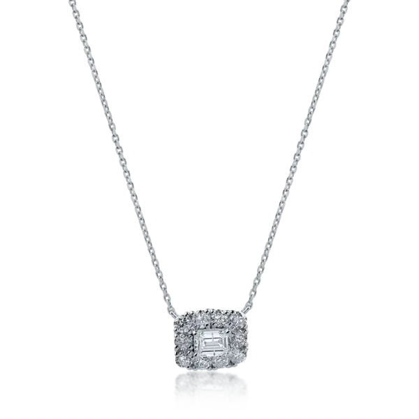 Lant cu pandantiv din aur alb cu diamante emerald si rotunde de 0.59ct