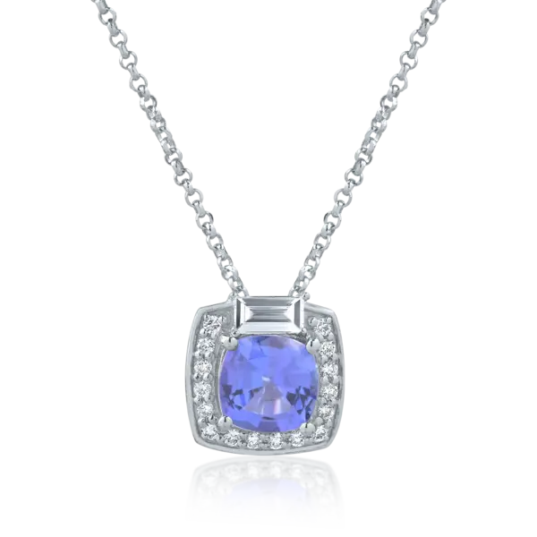 Lant cu pandantiv din aur alb cu tanzanit cushion de 0.936ct si diamante de 0.178ct