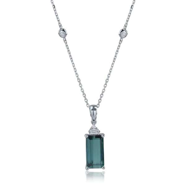 Lant cu pandantiv din aur alb cu turmalina rectangulara de 2.58ct si diamante baguette si rotunde de 0.11ct