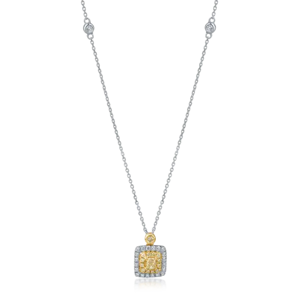 Lant cu pandantiv din aur alb-galben cu diamante galbene rectangulare si rotunde si diamante incolore de 0.68ct