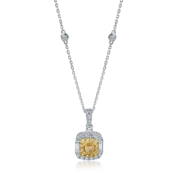 Lant cu pandantiv din aur alb-galben cu diamante galbene si incolore de 0.85ct