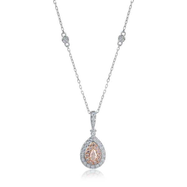 Lant cu pandantiv din aur alb-roz cu diamante incolore de 0.31ct si diamante roz pear si rotunde de 0.25ct