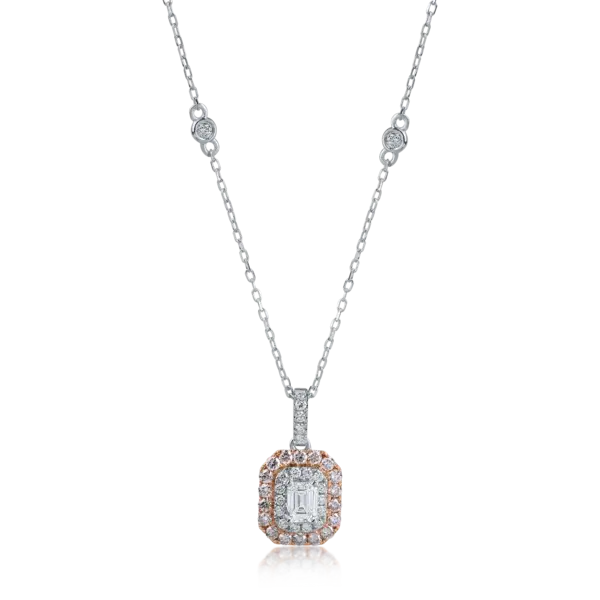 Lant cu pandantiv din aur alb-roz cu diamante roz emerald si rotunde de 0.7ct si diamante transparente de 0.18ct