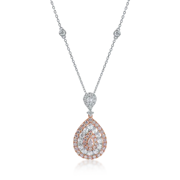 Lant cu pandantiv din aur alb-roz cu diamante roz taietura pear si rotunde de 0.66ct si diamante incolore taietura rose si rotunde de 0.5ct
