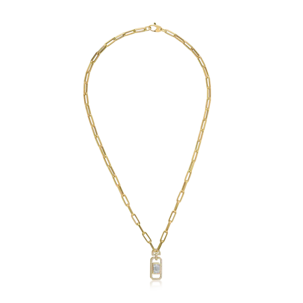 Lant cu pandantiv din aur galben cu diamante baguette si rotunde de 0.77ct