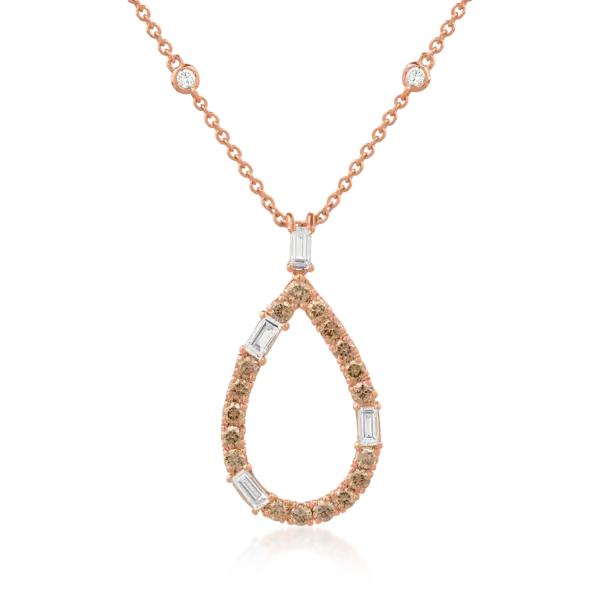 Lant cu pandantiv din aur roz cu diamante maro si diamante incolore baguette si rotunde de 1.41ct