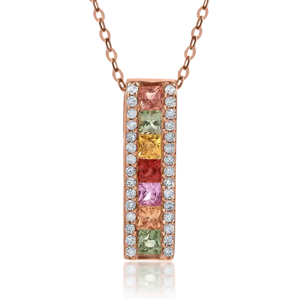 Lant cu pandantiv din aur roz cu safire multicolore princess de 0.72ct si diamante de 0.17ct