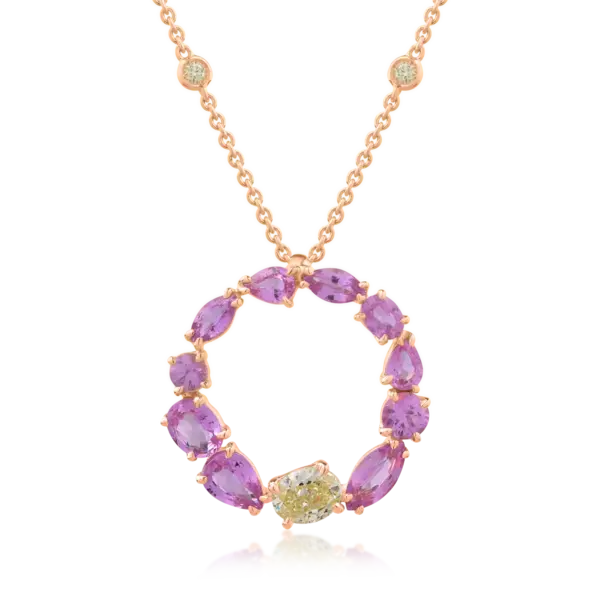 Lant cu pandantiv din aur roz cu safire roz marquise de 2.97ct si diamante galbene ovale si rotunde de 0.82ct