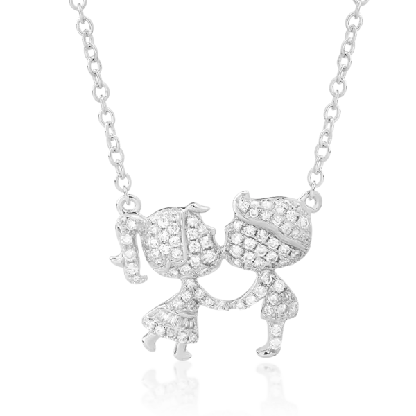 Lant cu pandantiv fetita si baietel din aur alb cu diamante baguette si rotunde de 0.25ct