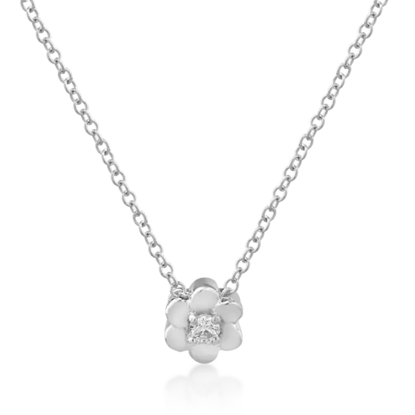 Lant cu pandantiv floare din aur alb cu diamant de 0.042ct