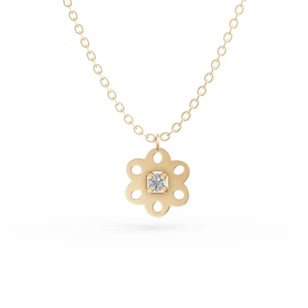 Lant cu pandantiv floare din aur galben cu diamant de 0.02ct