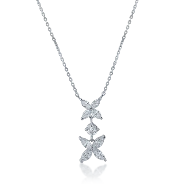 Lant cu pandantiv floral din aur alb cu diamante marquise si rotunde de 0.6ct