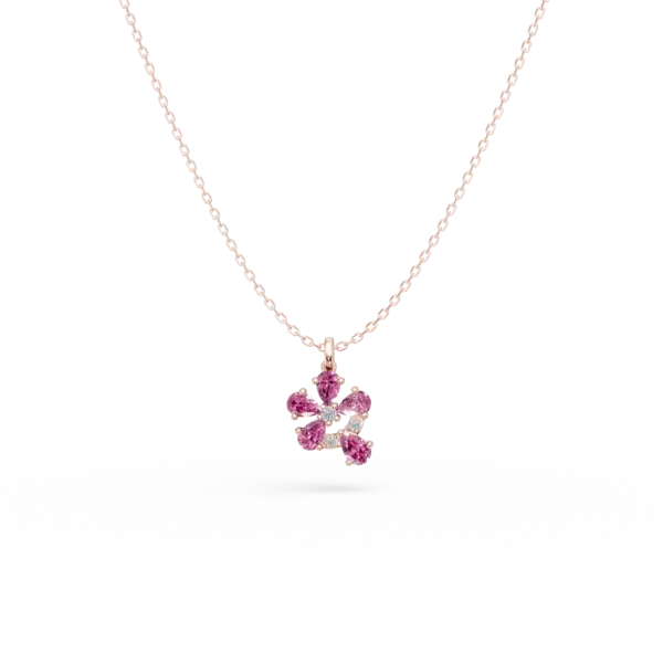Lant cu pandantiv floral din aur roz cu safire roz pear de 0.77ct si diamante de 0.04ct