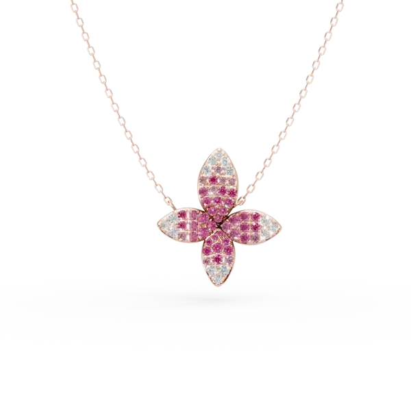 Lant cu pandantiv floral din aur roz cu safire roz si diamante de 0.85ct