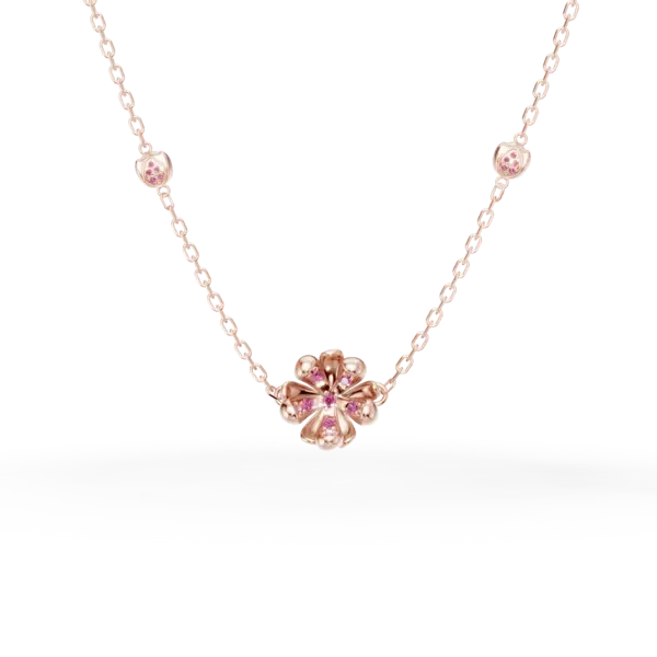 Lant cu pandantiv flori de tei din aur roz cu safire roz de 0.37ct