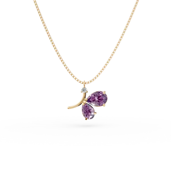 Lant cu pandantiv fluture din aur galben cu ametiste de 0.85ct si zirconia