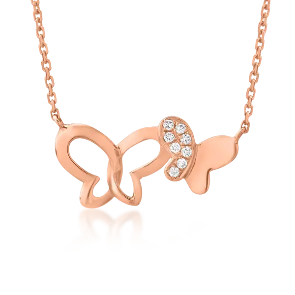 Lant cu pandantiv fluturi din aur roz cu diamante de 0.021ct
