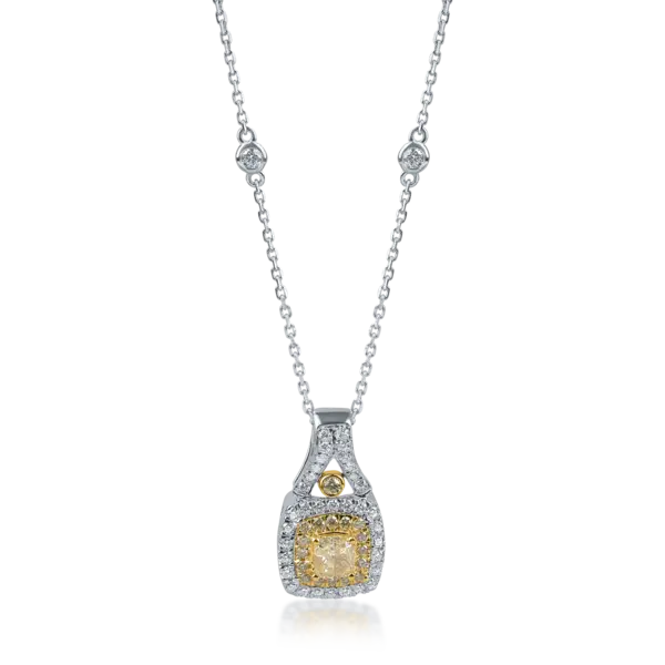 Lant cu pandantiv geometric din aur alb-galben cu diamante galbene si incolore de 0.76ct
