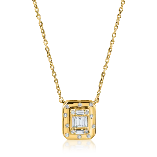 Lant cu pandantiv geometric din aur galben cu diamante baguette si rotunde de 0.1ct