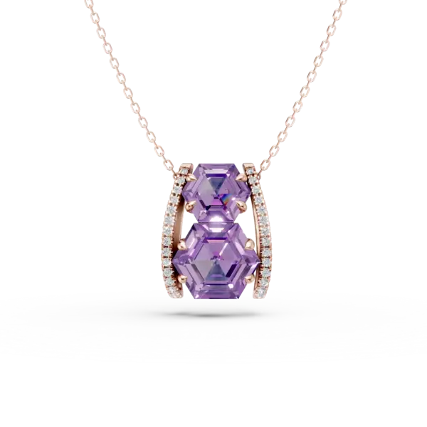 Lant cu pandantiv geometric din aur roz cu ametiste hexagonale de 3.3ct si diamante de 0.1ct