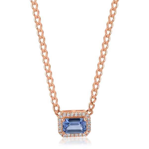 Lant cu pandantiv geometric din aur roz cu safir albastru-deschis square de 0.6ct si diamante de 0.06ct